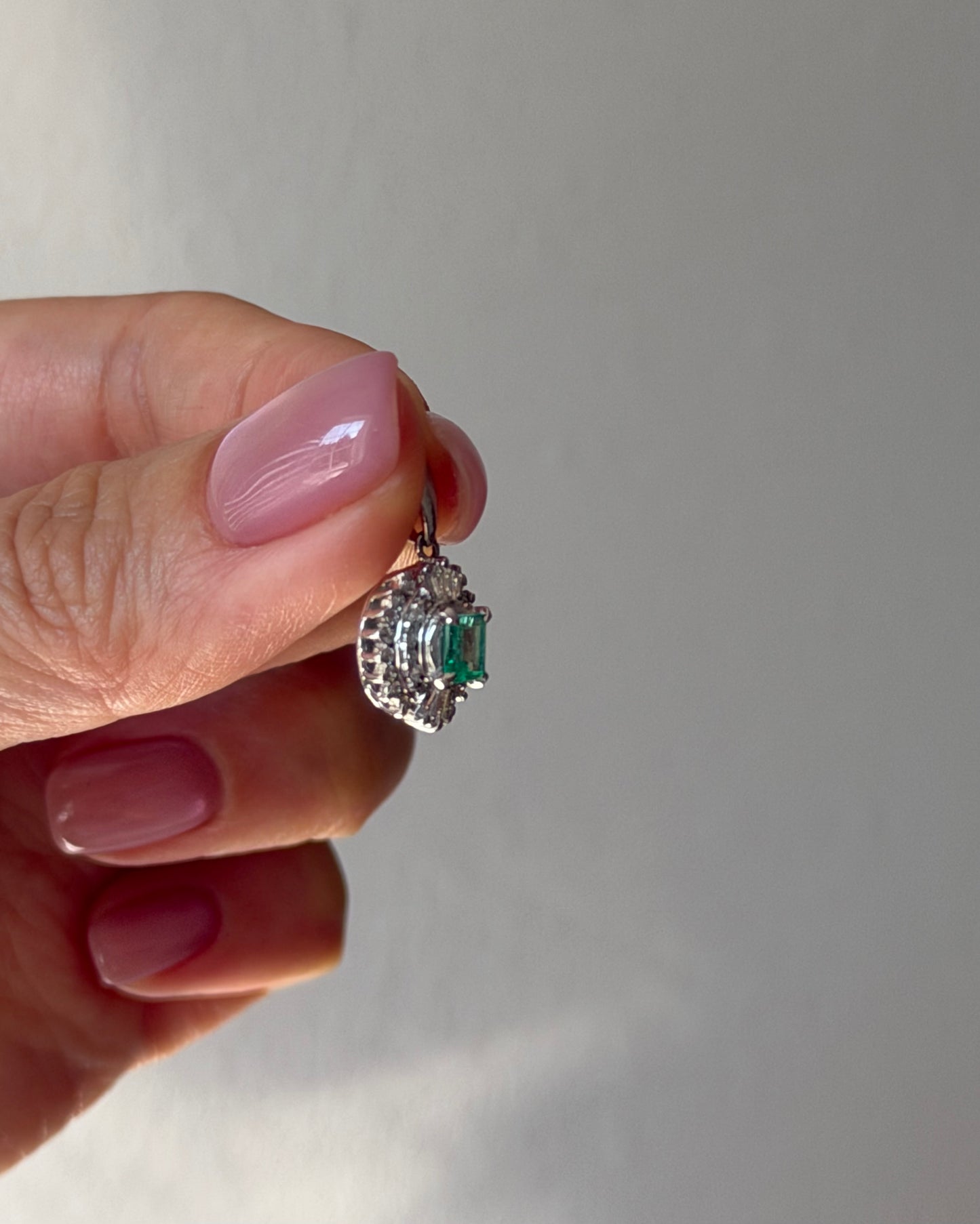 Vintage Platinum Emerald Diamond  Halo Pendant