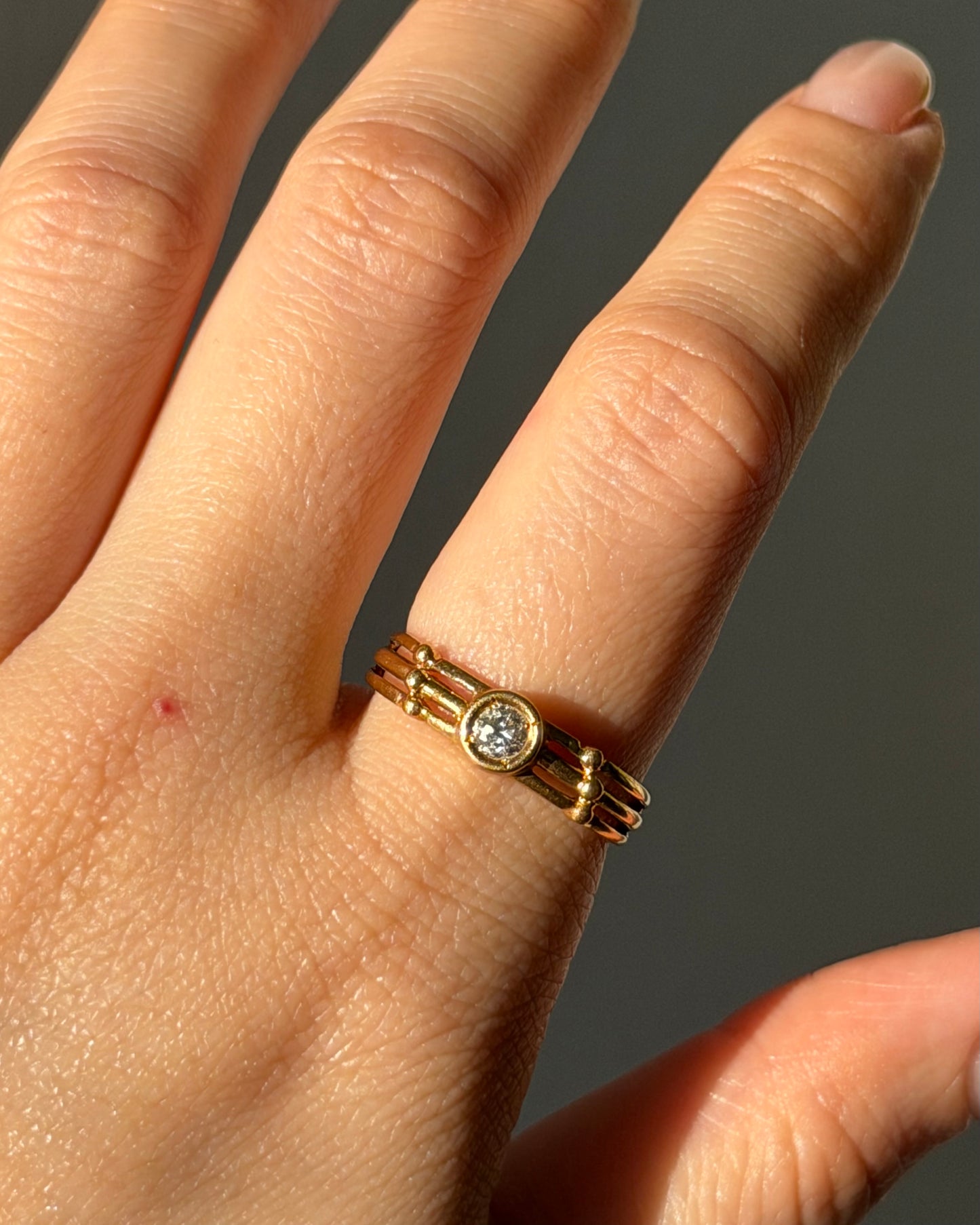 Vintage Art Deco Inspired 18k Gold Bezel Set Diamond Ring - Sculptural Cage Design