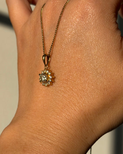 Vintage 18k Gold Light Yellow Diamond Sunflower Halo Pendant
