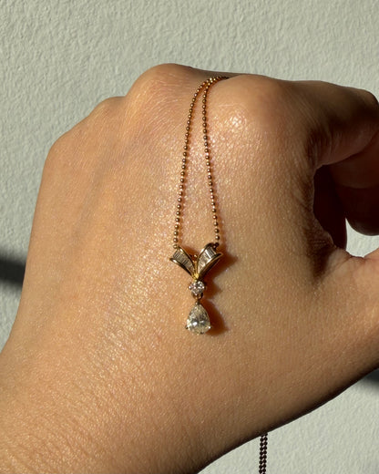 Vintage 18k Gold Baguette and Center Pear Diamond Bow Motif Ball Chain Necklace