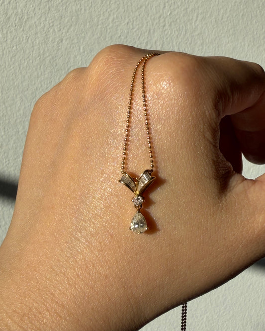 Vintage 18k Gold Baguette and Center Pear Diamond Bow Motif Ball Chain Necklace