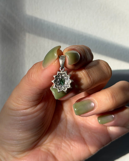 Vintage Platinum Pear Cut Emerald Double Diamond Halo Pendant