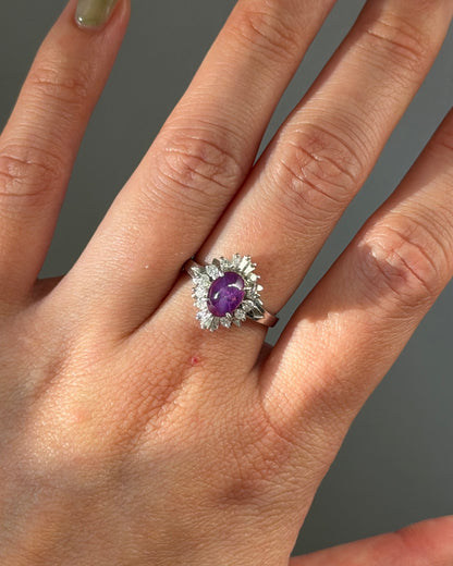 Vintage Platinum Star Sapphire Cabochon Diamond Ballerina Halo Ring