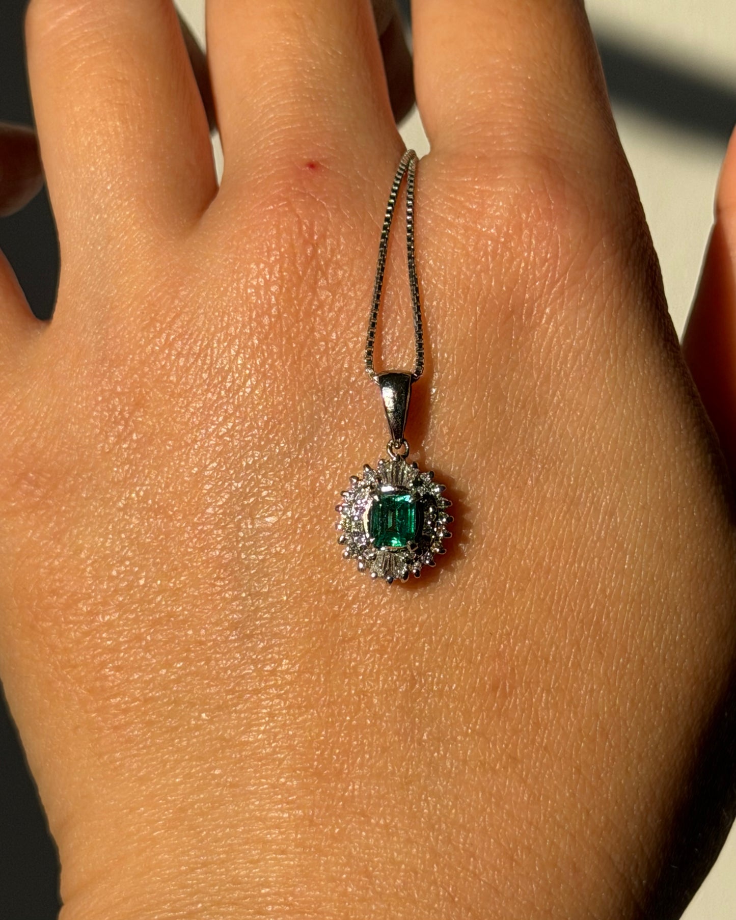 Vintage Platinum Emerald Diamond  Halo Pendant