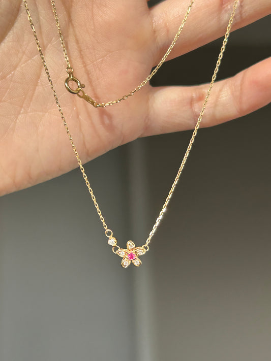 Vintage 18k Gold Dainty Diamond and Ruby Flower Pendant Chain