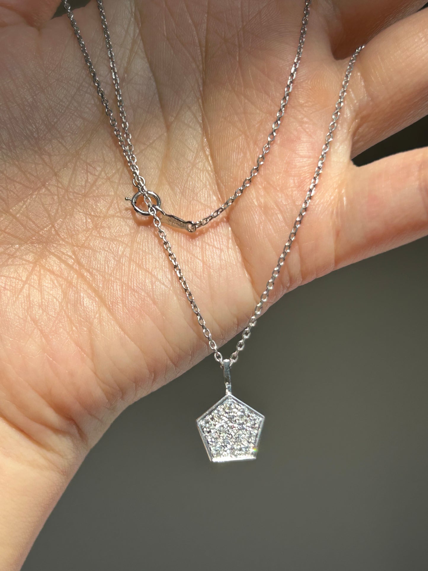 Modern 14k White Gold Geometric Pentagon Pave Diamond Necklace