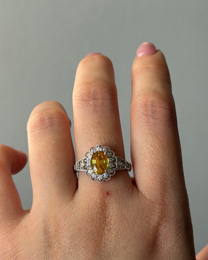 Vintage Platinum Yellow Oval Sapphire Diamond Halo Flower Ring