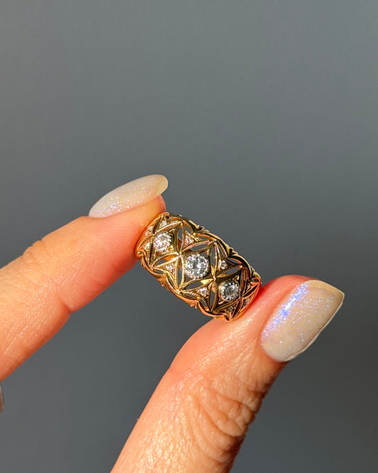 Vintage 18k Gold Open-Work Milgrain Detail Bezel Set Diamond Dome Bombe Ring