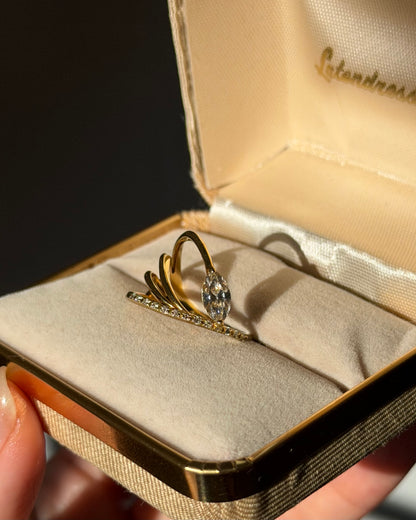 Modern Estate 18k Gold Very Light Brown Marquise Diamond Asymmetric Bypass Ring
