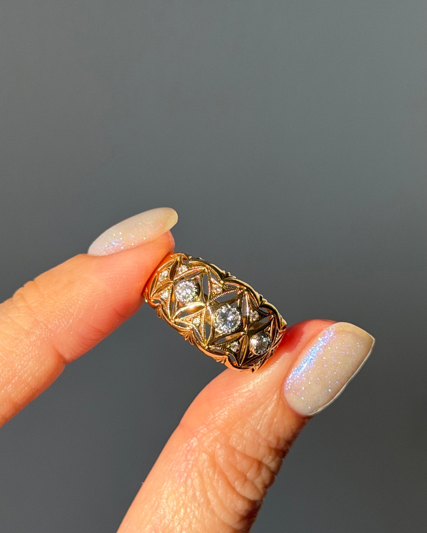 Vintage 18k Gold Open-Work Milgrain Detail Bezel Set Diamond Dome Bombe Ring