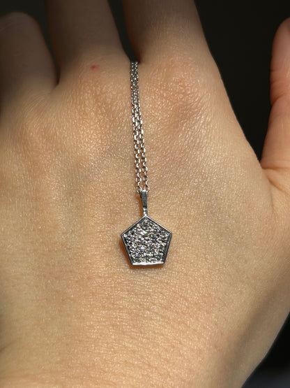 Modern 14k White Gold Geometric Pentagon Pave Diamond Necklace