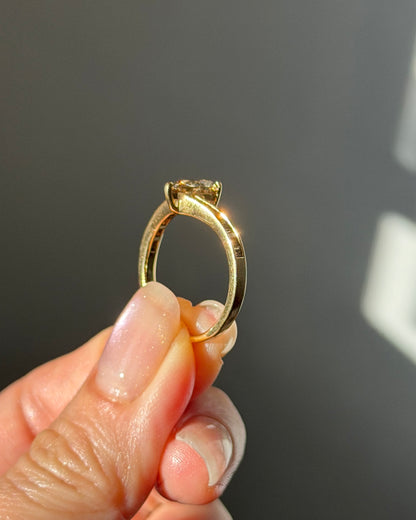 Vintage 18k Gold 1.11ct Dark Chocolate Brown Pear Cut Diamond Ring - Brown Baguette Diamond Shoulders