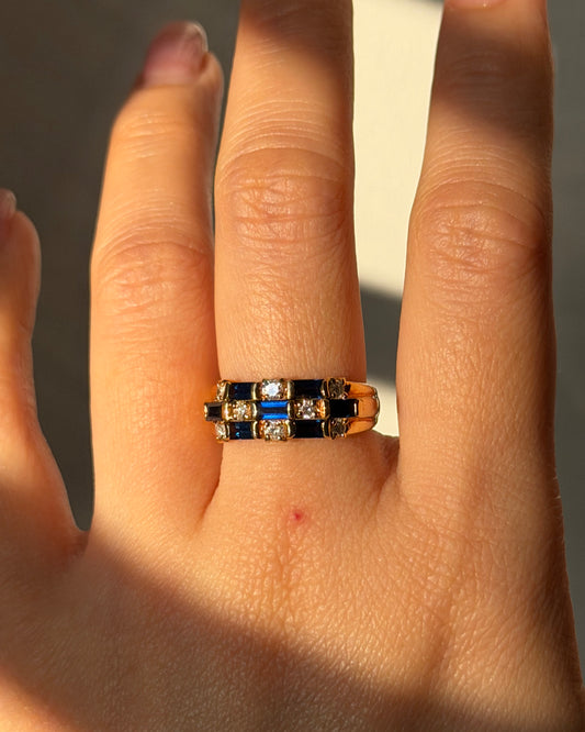 Vintage 18k Gold Baguette Sapphire and Diamond Checkered Ring