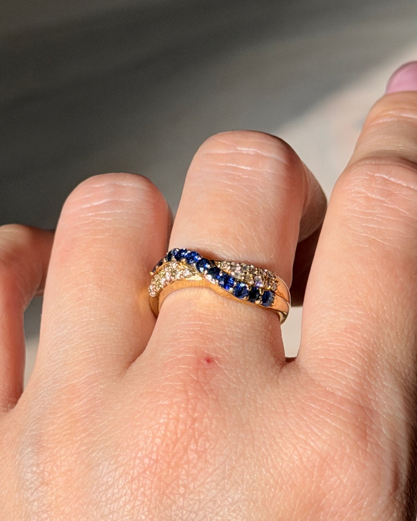 Vintage 18k Gold Pave Sapphire and Diamond Crossover Dome Ring