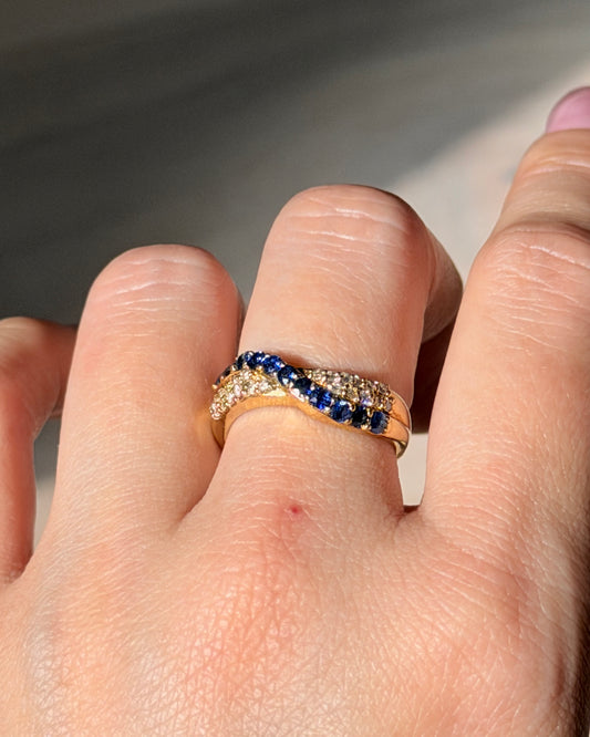 Vintage 18k Gold Pave Sapphire and Diamond Crossover Dome Ring