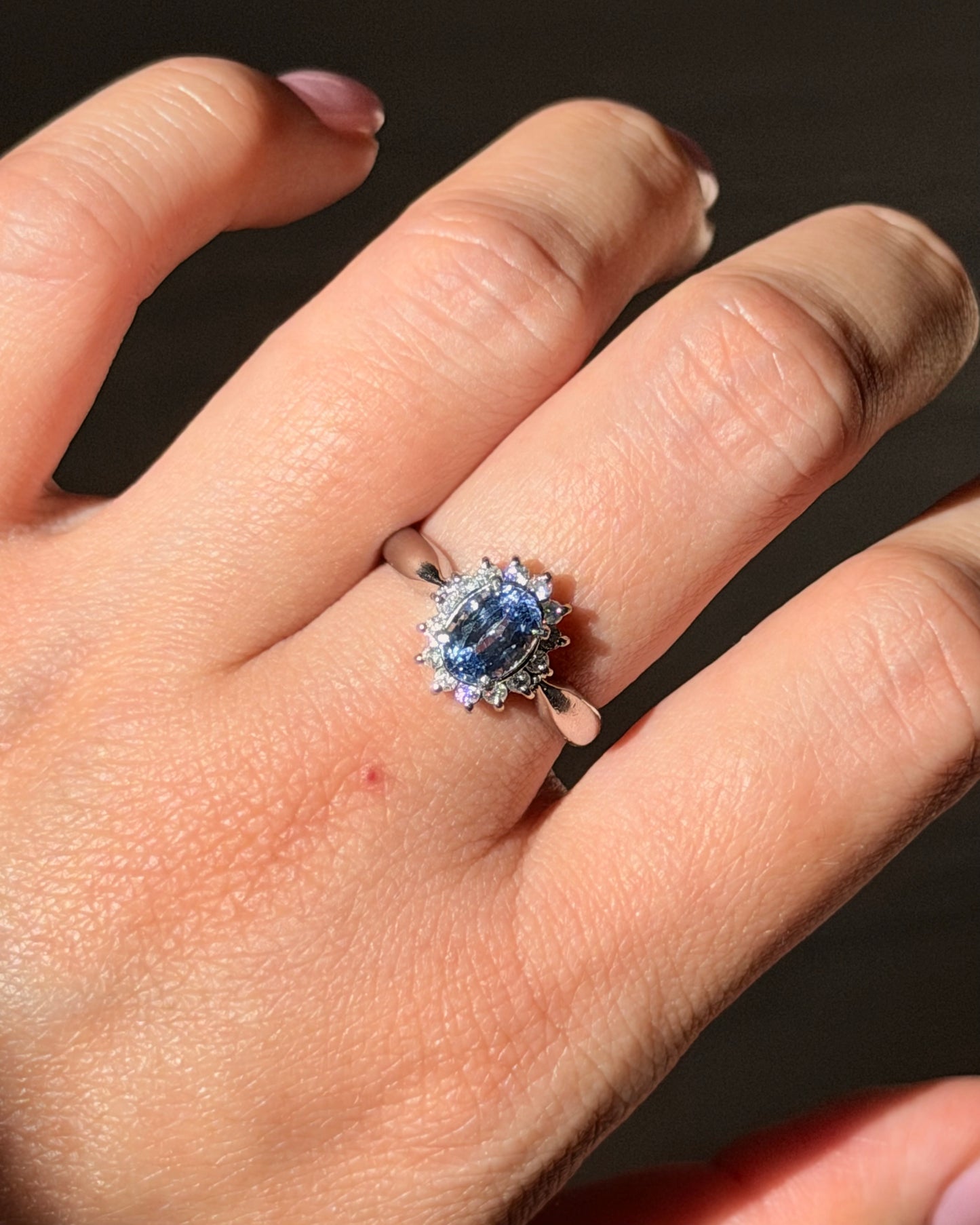 Vintage Platinum Icy Light Blue Oval Sapphire With Diamond Halo Ring