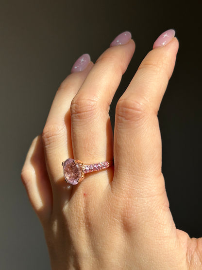 Vintage 18k Yellow Gold Kunzite Cocktail Ring - Pave Pink Sapphires
