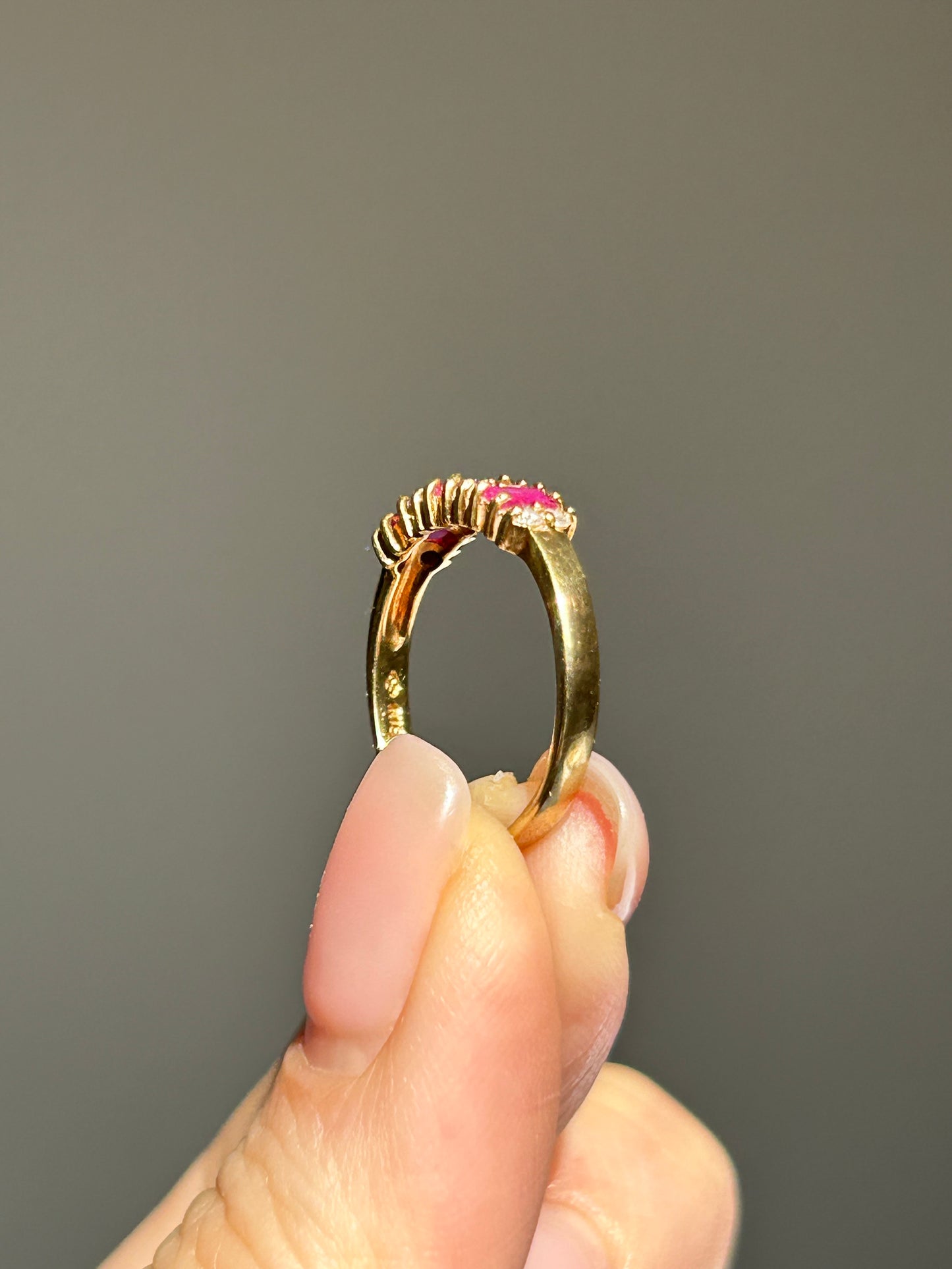 Vintage 18k Gold Baguette Ruby and Round Diamond Stacking Ring