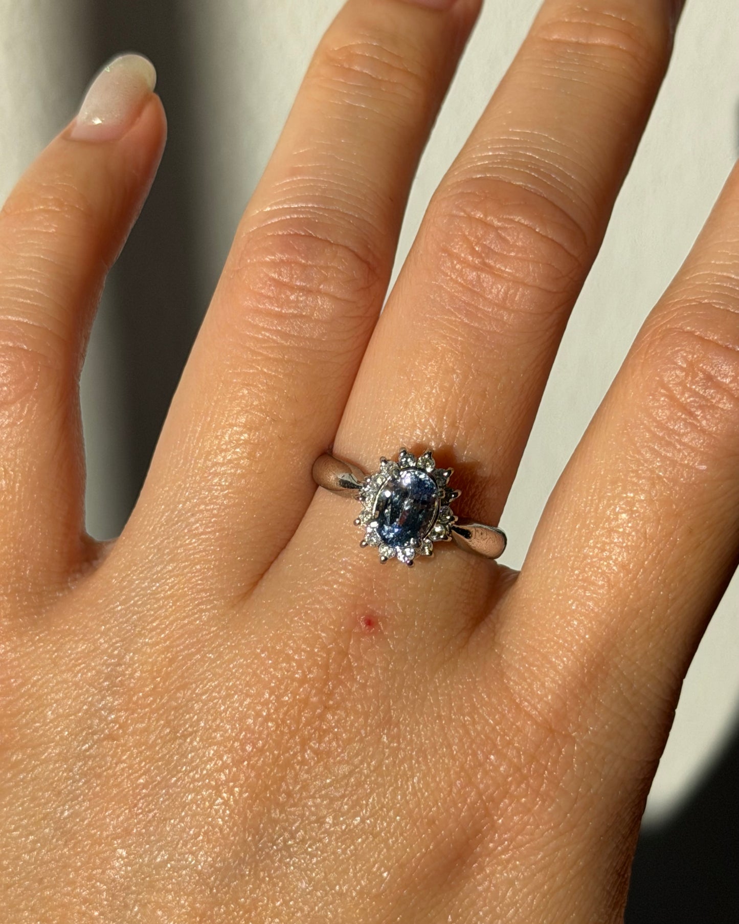 Vintage Platinum Icy Light Blue Oval Sapphire With Diamond Halo Ring