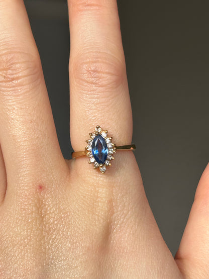 Vintage 18k Sapphire Marquise Diamond Halo Ring