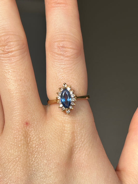 Vintage 18k Sapphire Marquise Diamond Halo Ring