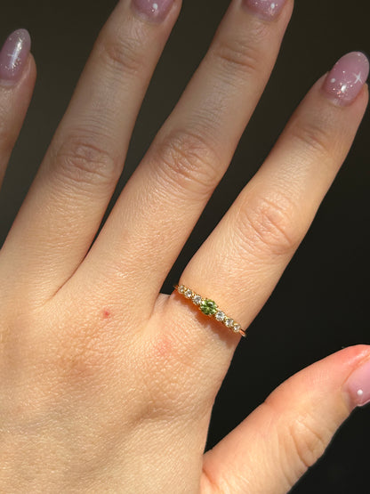 Modern Pre-loved 18k Demantoid Green Garnet and Diamond Ring - Dainty Stacking Band