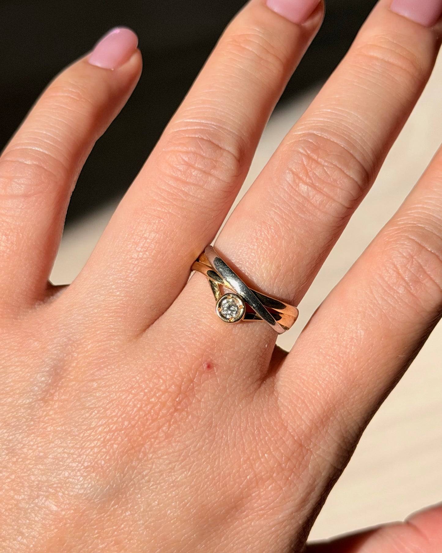 Vintage 18k Gold and Platinum Bezel Set Diamond Crossover Ring