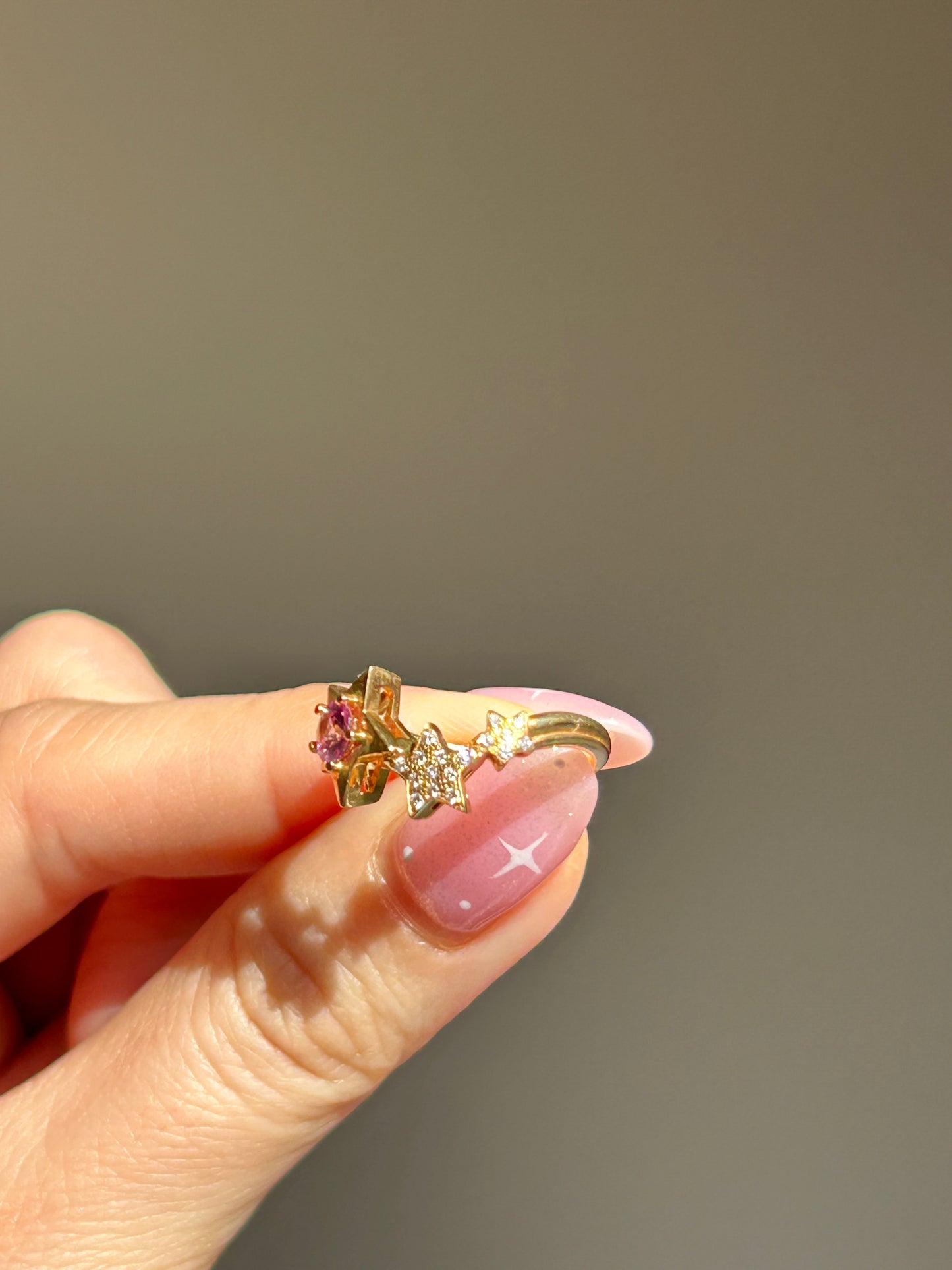 Vintage 18k Gold Pink Sapphire & Diamond Star Celestial Ring - Size 5.25