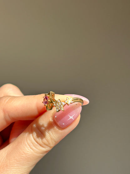 Vintage 18k Gold Pink Sapphire & Diamond Star Celestial Ring - Size 5.25