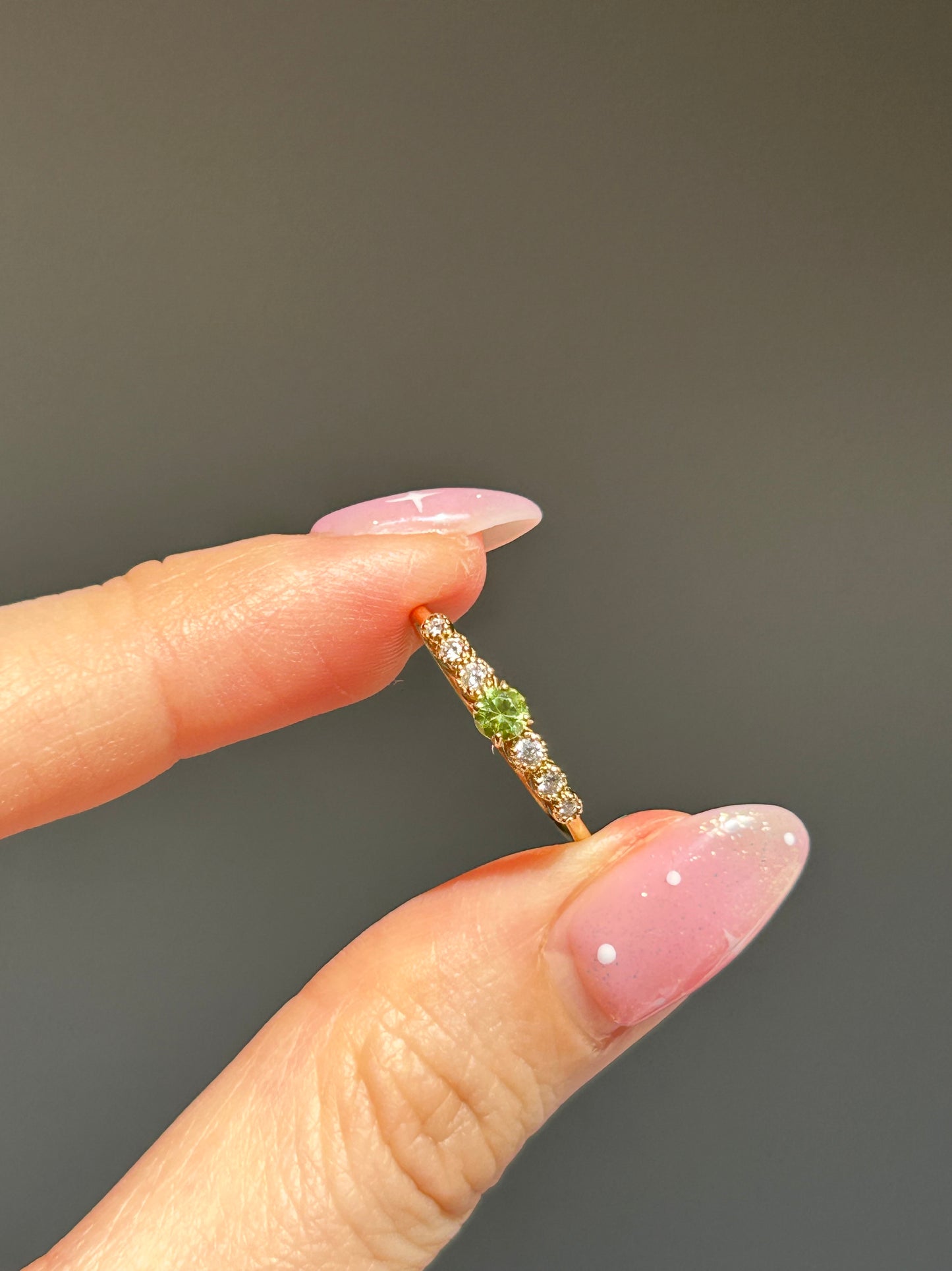 Modern Pre-loved 18k Demantoid Green Garnet and Diamond Ring - Dainty Stacking Band