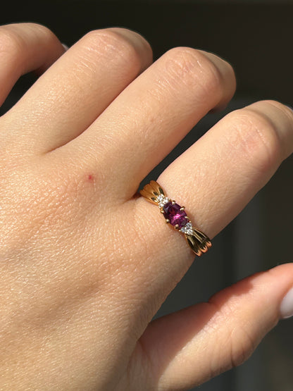 Vintage 18k Gold Rhodolite Garnet Ring with Diamond Accents, by Japanese designer Tasaki
