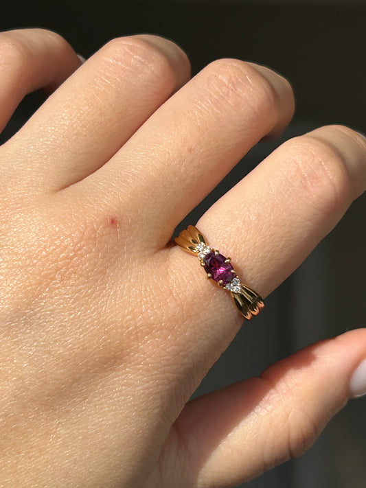 Vintage 18k Gold Rhodolite Garnet Ring with Diamond Accents, by Japanese designer Tasaki