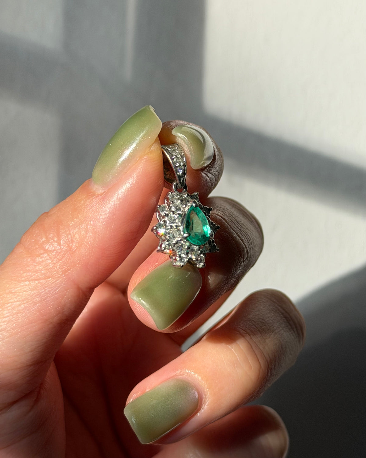 Vintage Platinum Pear Cut Emerald Double Diamond Halo Pendant