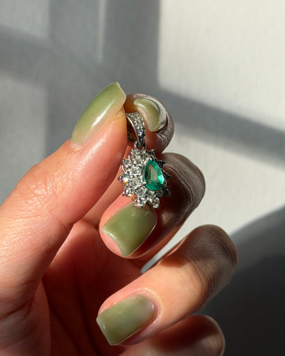 Vintage Platinum Pear Cut Emerald Double Diamond Halo Pendant