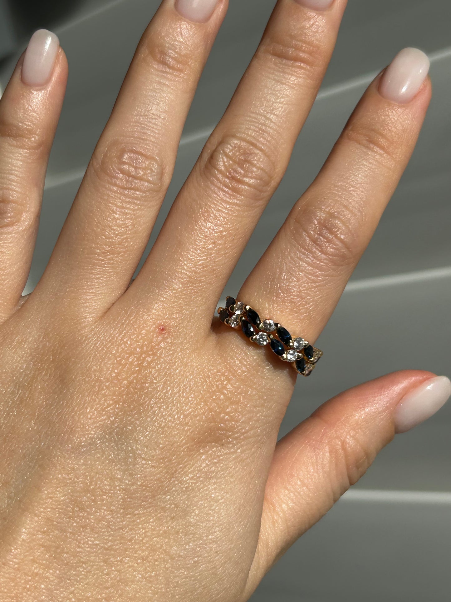 Vintage 18k sapphire marquise and diamond half eternity band