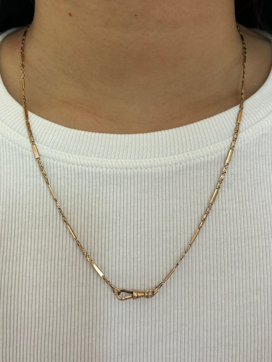 Antique 14k Rosy Yellow Gold Bar and Scroll Watch Chain with A Dog Clip