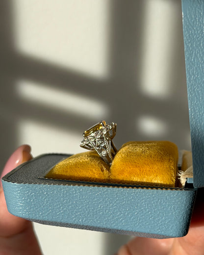 Vintage Platinum Yellow Oval Sapphire Diamond Halo Flower Ring