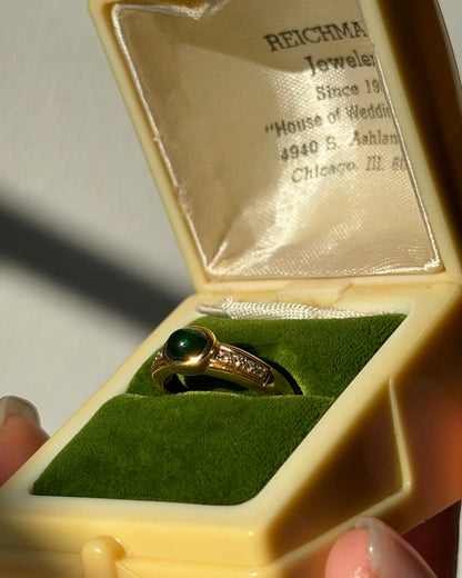 Vintage 18k Gold Bezel Set Green Garnet Cabochon Ring - Diamond Accents