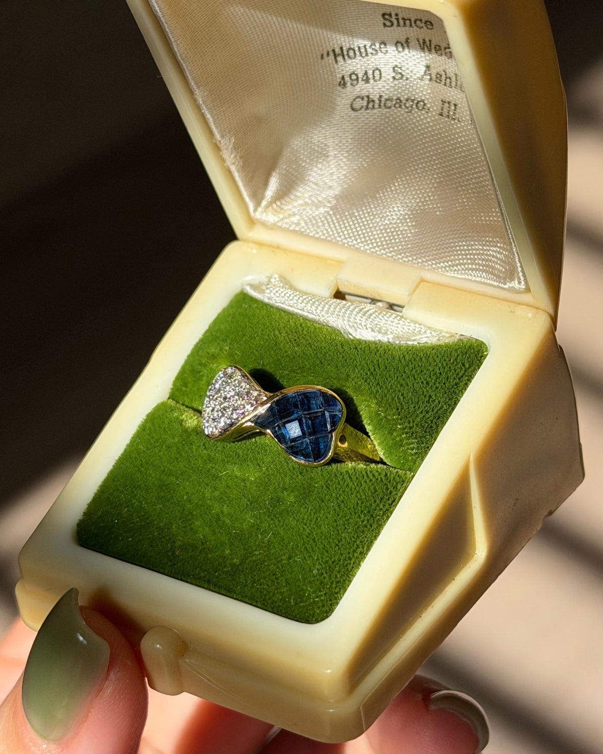 Vintage 18k Gold Invisible Set Sapphire and Pave Diamond Half & Half Bow Ring