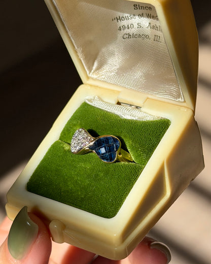 Vintage 18k Gold Invisible Set Sapphire and Pave Diamond Half & Half Bow Ring