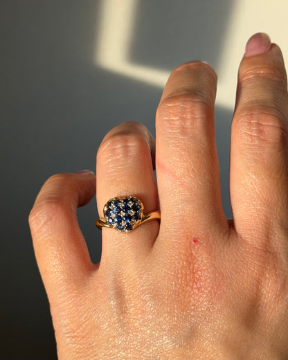 Vintage 18k Gold Blue Sapphire and Diamond Checkered Heart Ring