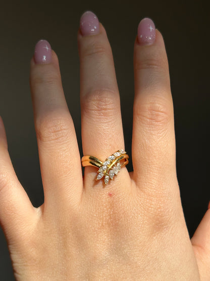 Vintage 18k Gold Marquise Cut Diamond Chevron Ring - Size 5.25 - Leaf Spray Motif