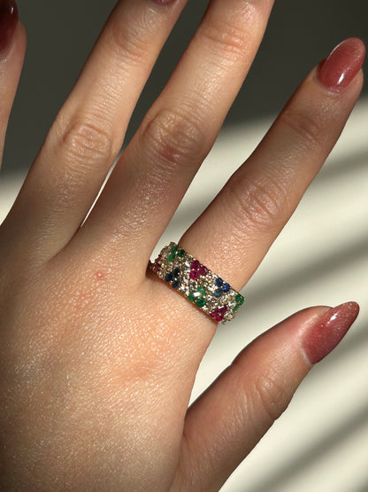 Vintage 18k Ruby Emerald Sapphire and Diamond Pave Ring