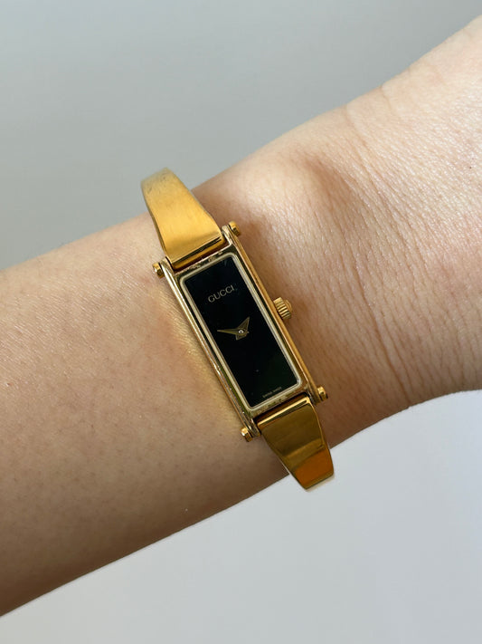 Vintage Gucci Tom Ford Era Gold Plated Stainless Steel Black Dial Rectangle Watch