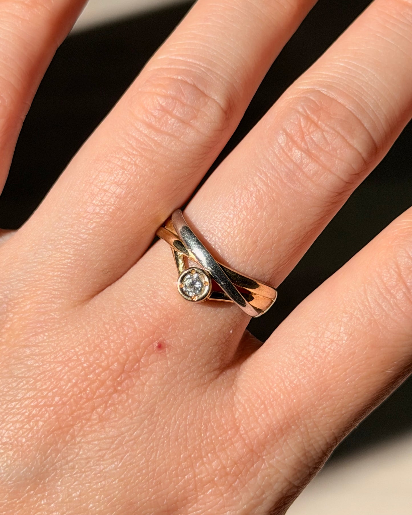Vintage 18k Gold and Platinum Bezel Set Diamond Crossover Ring