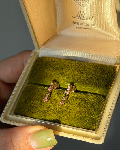 Vintage 18k Gold Pink Sapphire and Diamond Dangle Earrings