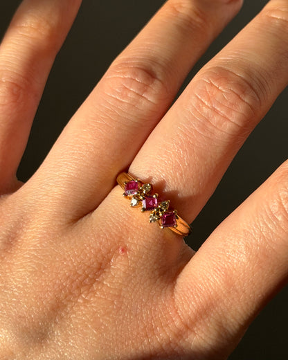 Vintage 18k Gold Square Cut Ruby and Diamond Stacking Ring
