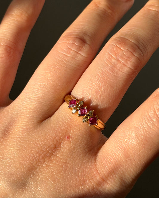 Vintage 18k Gold Square Cut Ruby and Diamond Stacking Ring