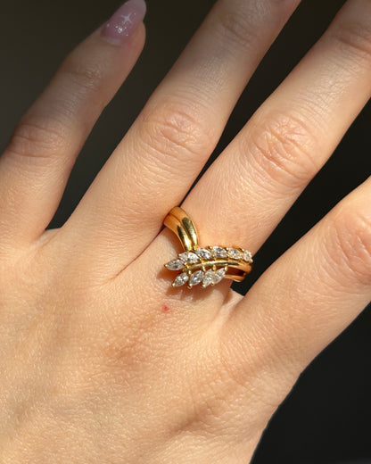 Vintage 18k Gold Marquise Cut Diamond Chevron Ring - Size 5.25 - Leaf Spray Motif