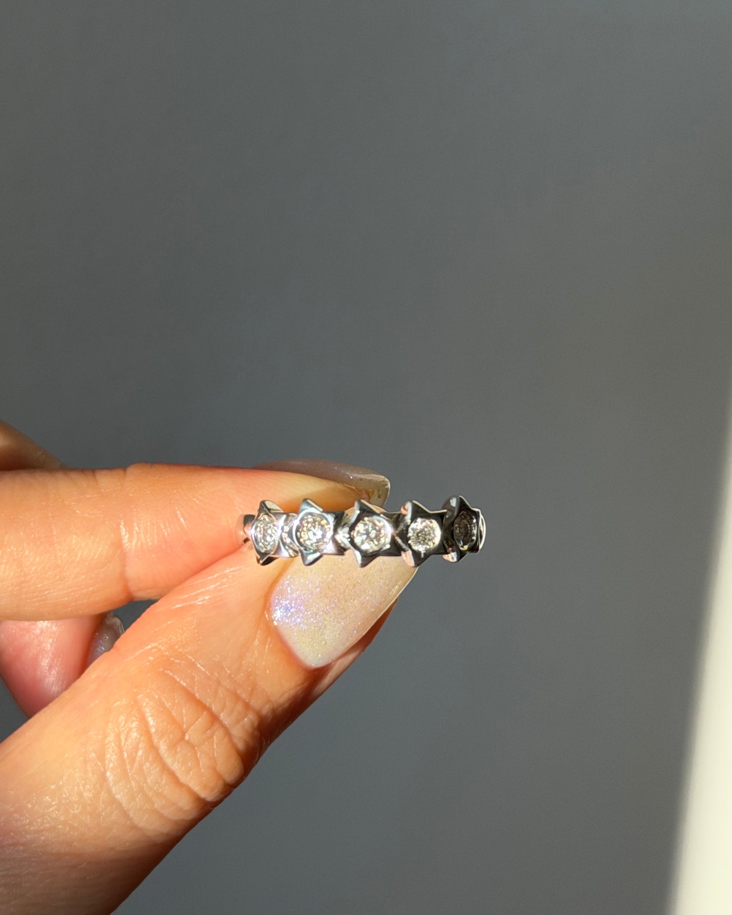 Vintage 14k White Gold Flush Set Diamond Celestial Star Band